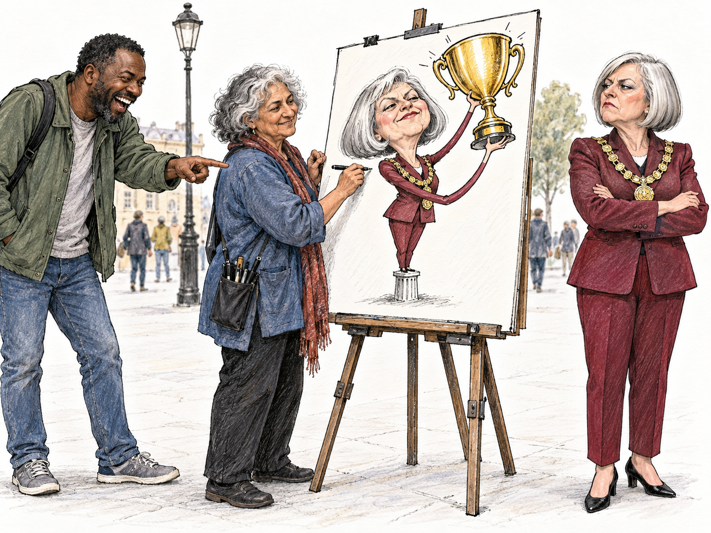 A street cartoonist publicly lampoons a pompous civic official with an exaggerated caricature: the official presents herself with an enormous trophy while standing on a tiny pedestal.