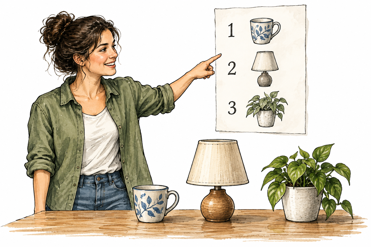 A person pointing at three separate household objects one by one, a plain paper list alongside showing only 1,2,3 and corresponding simple object sketches, no written object names.