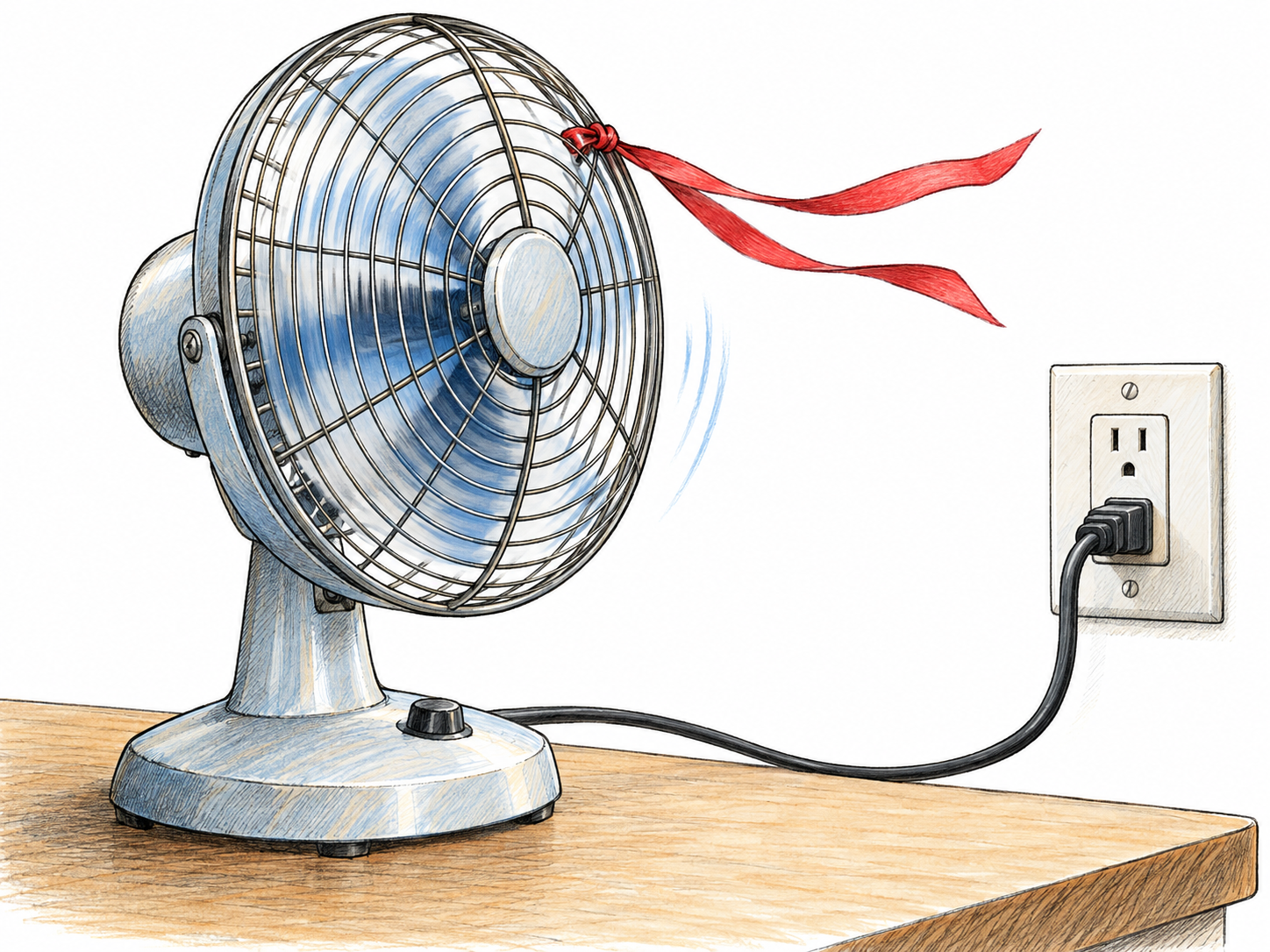 A small electric desk fan running, with its power cord clearly plugged into a wall outlet and a light ribbon on its grille streaming in the airflow.