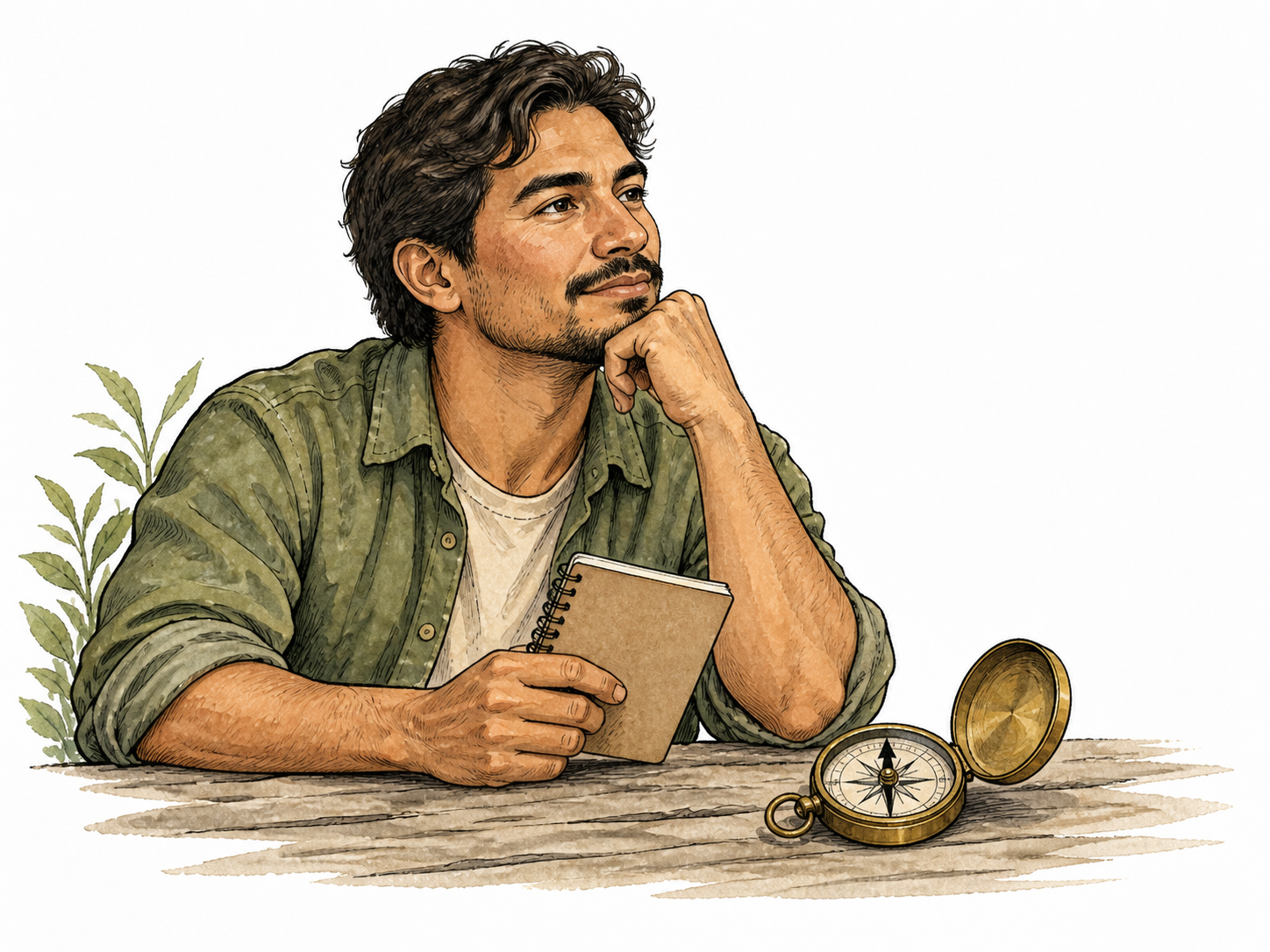A thoughtful Latino man keeps a small notebook of guiding principles beside a compass, no readable wording.