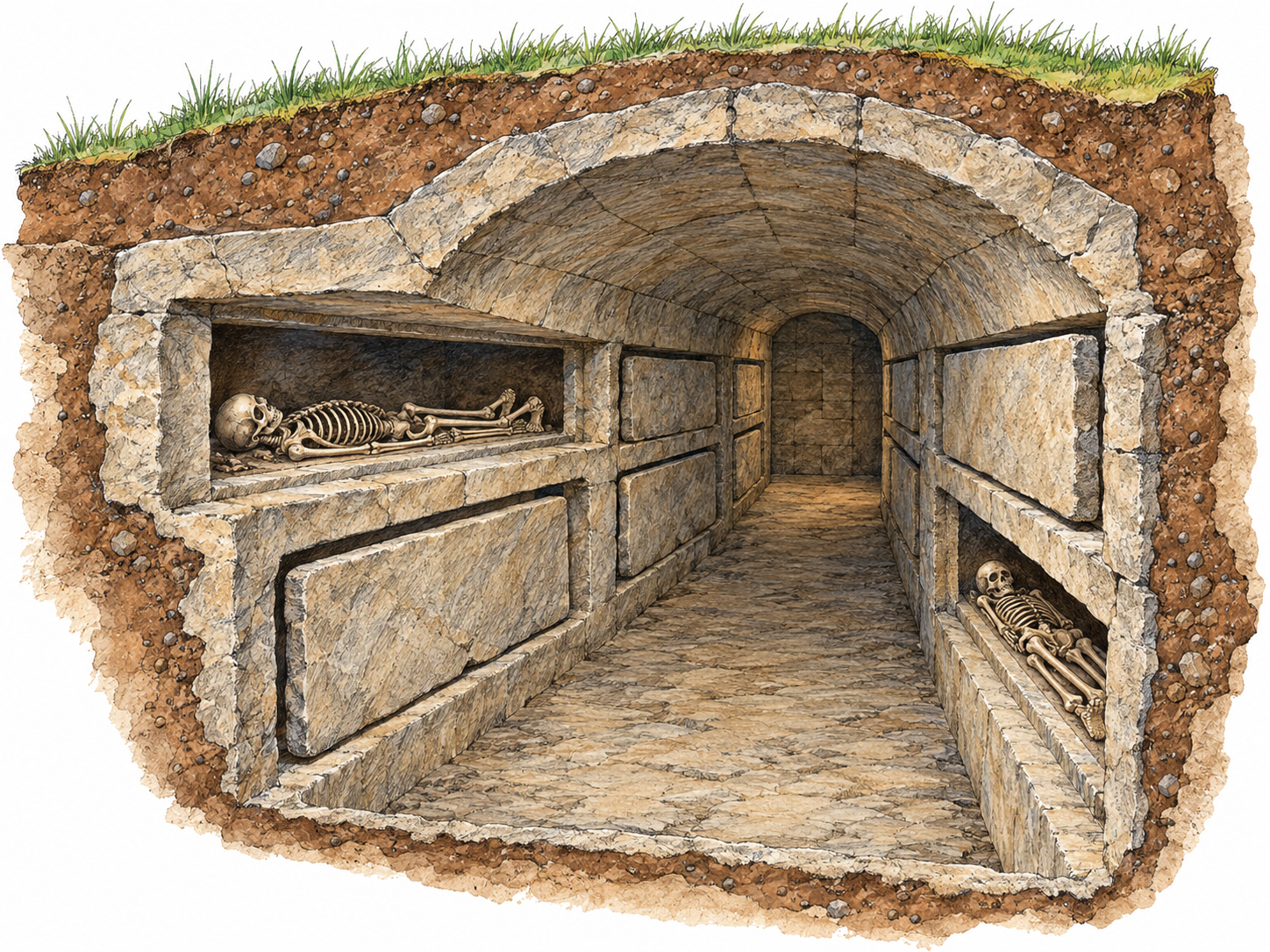 A cutaway of an underground burial corridor, with a visible earth layer above its vaulted roof and stacked wall niches containing laid-out skeletal remains.