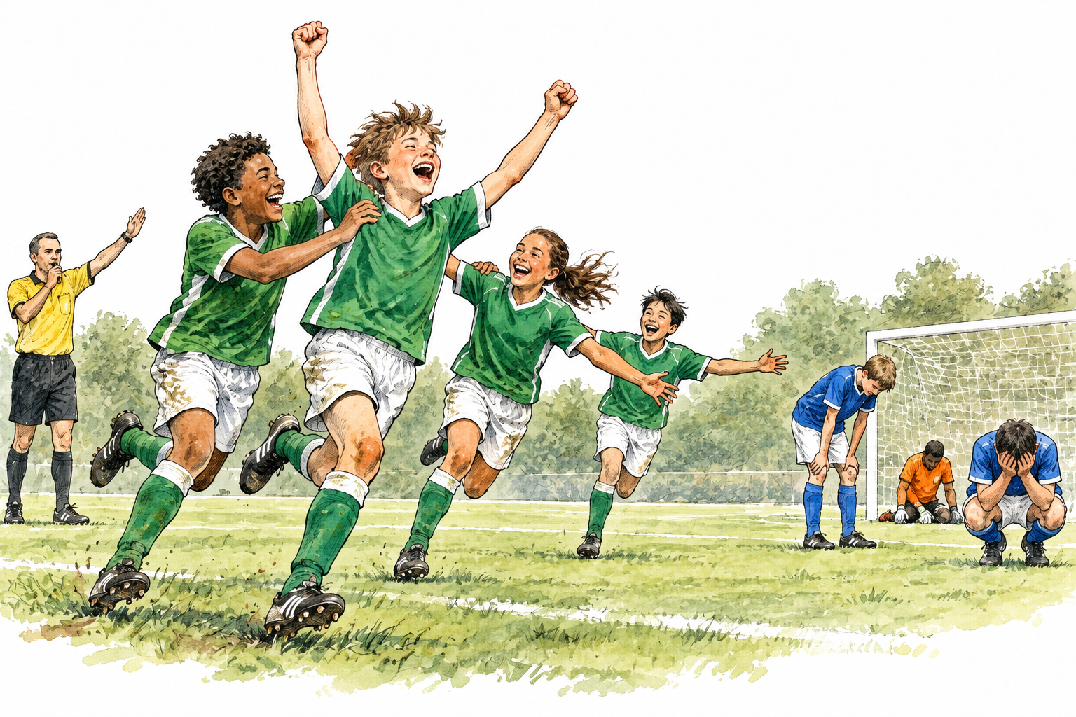 Soccer team celebrates a winning goal at final whistle while opponents stand disappointed, no numbers or lettering.