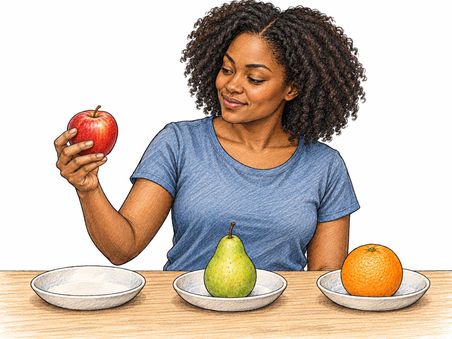 A woman selects one apple from three clearly different fruit options, lifting it from a shallow display while a pear and an orange remain.