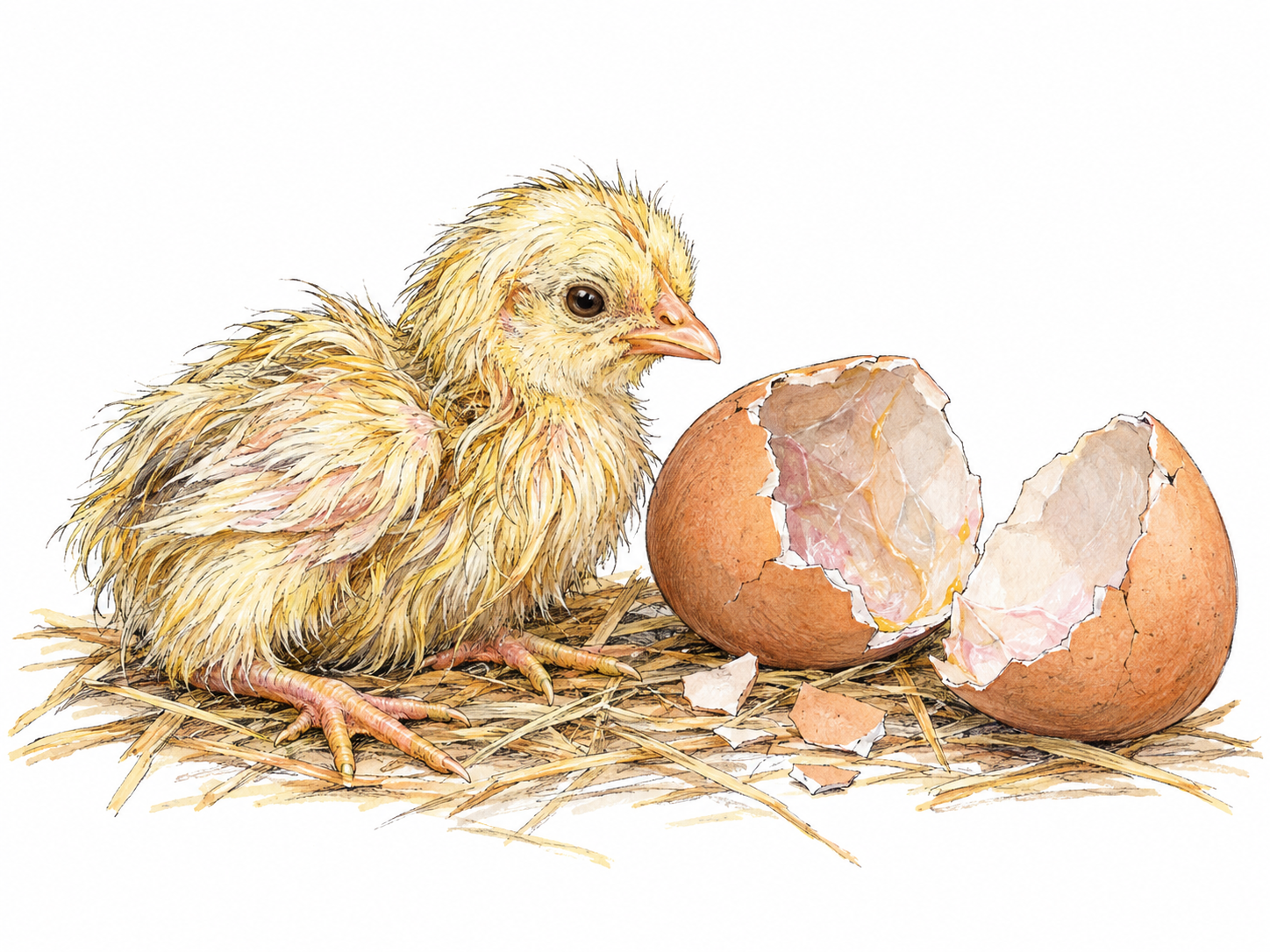 A newly hatched chick beside its broken egg, its down still damp and clumped: visible physical traces show that hatching happened only a short time ago.