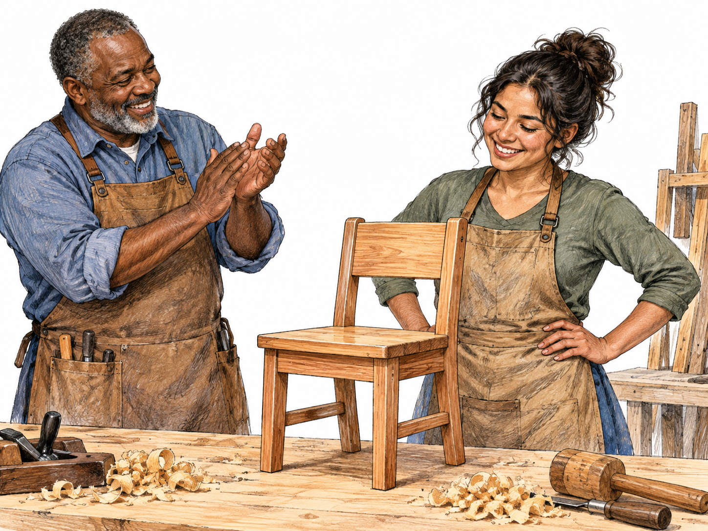 An instructor warmly applauds his apprentice's neatly completed small wooden chair while she smiles proudly beside it, open approving body language; no text.