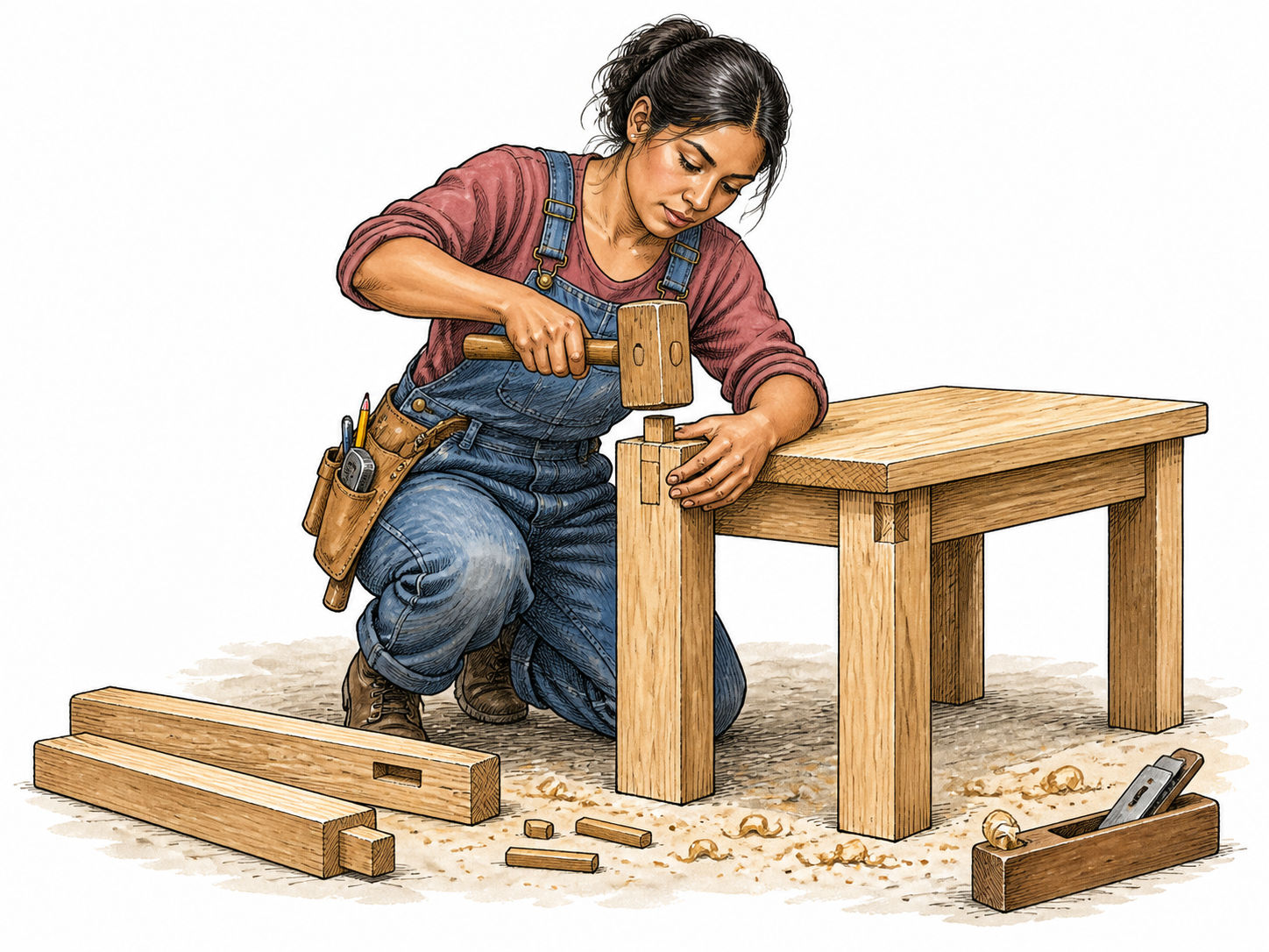 Latina carpenter connects timber pieces into a sturdy small table.