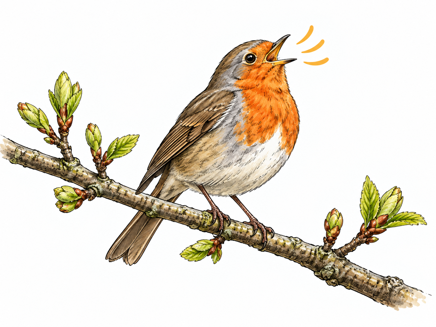 A cheerful robin on a budding branch sings with open beak and a lifted chest, three light curved sound marks, no writing.