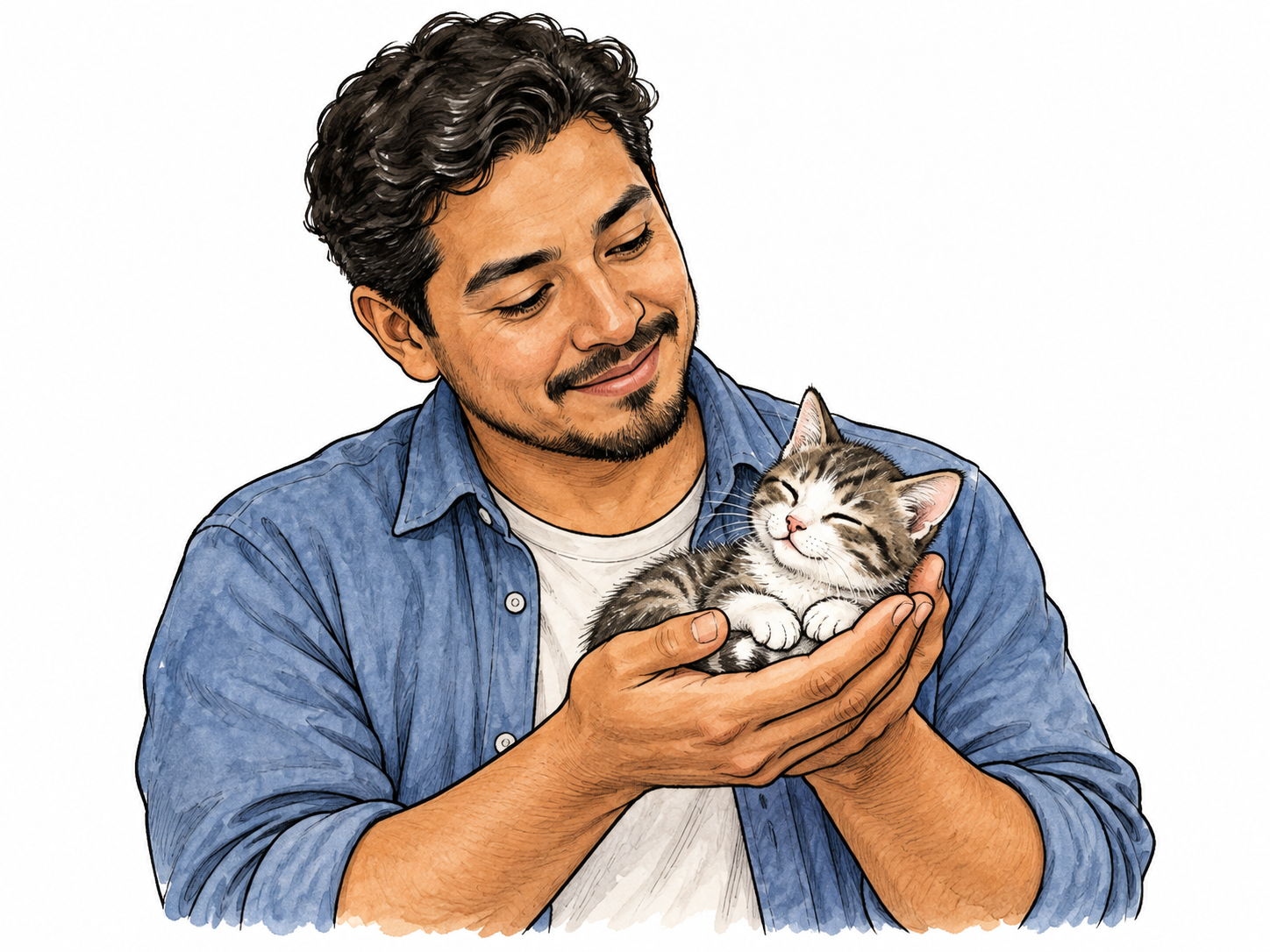Adult gently cradles small kitten in open relaxed hands, kitten calm, tenderness clear.