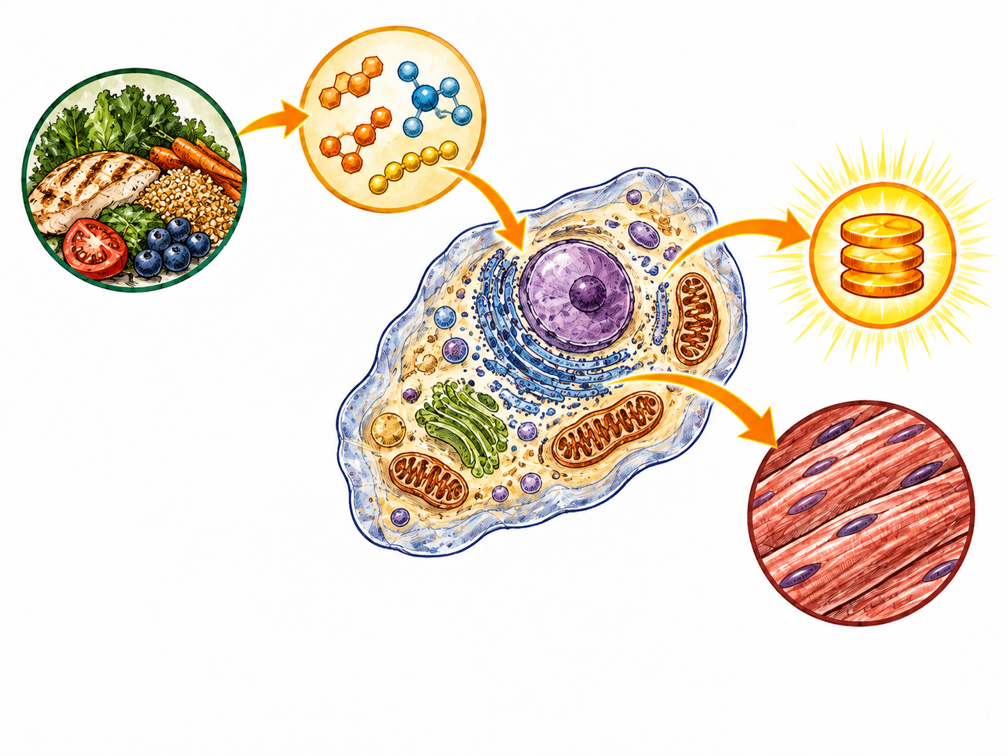 A clear natural-ink cellular vignette shows food-derived small molecules being converted into usable energy and building materials for tissue, with a realistic food portion and muscle-fiber inset; no chemical formulas claimed.