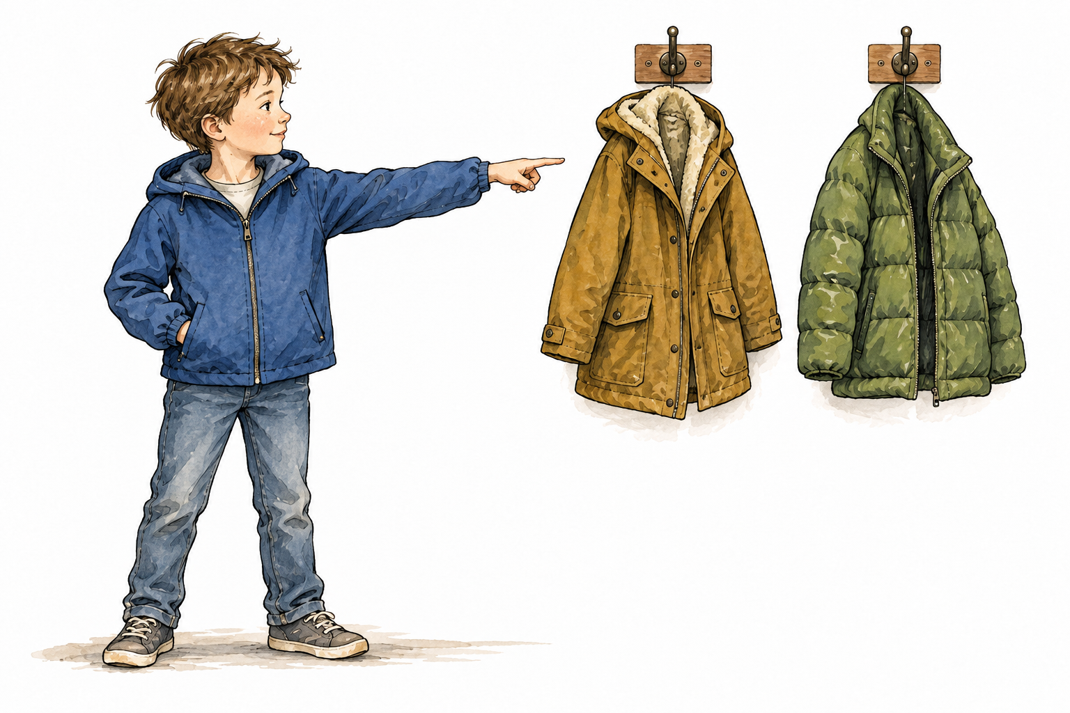 Two different coats on hooks; a person wearing a coat points toward one of the hanging coats.