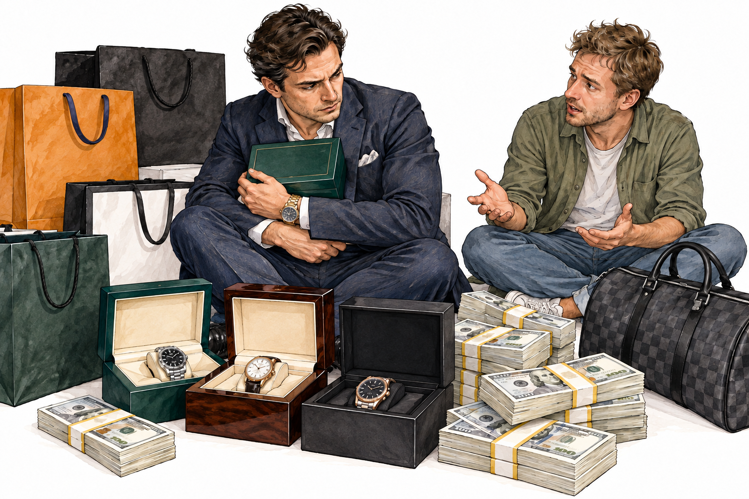 Adult surrounded by shopping bags luxury watch boxes and stacks of money ignores a friend offering conversation, concern for possessions clear.
