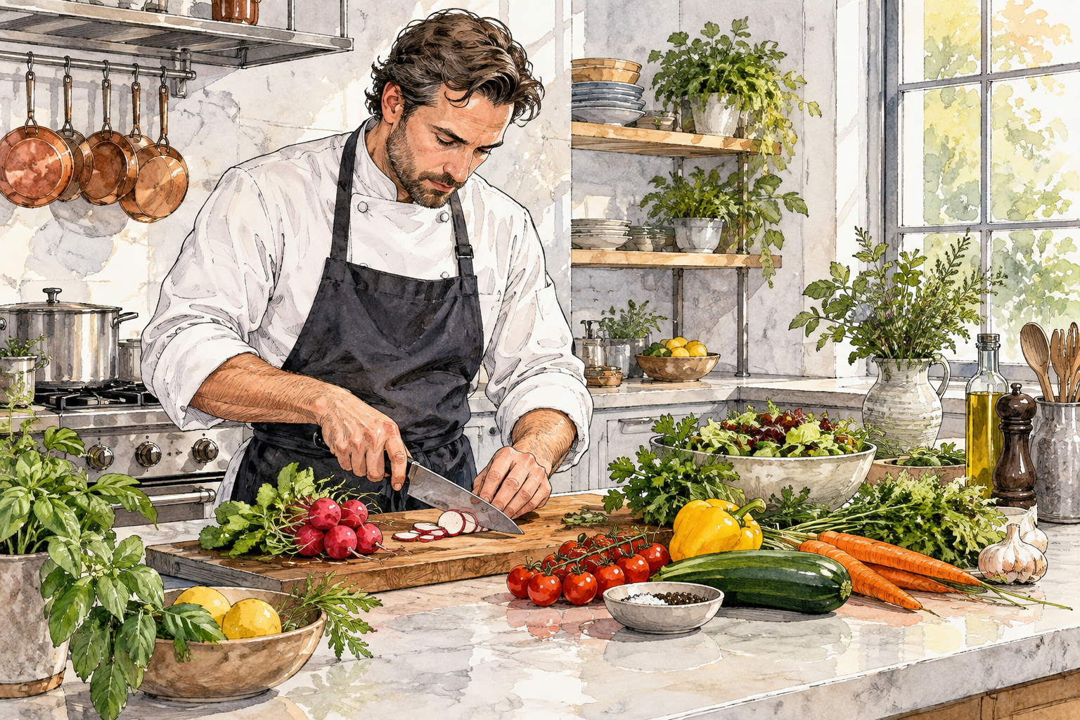 A professional chef carefully prepares fresh vegetables and herbs on a clean kitchen worktop, focused culinary craft, no branding.