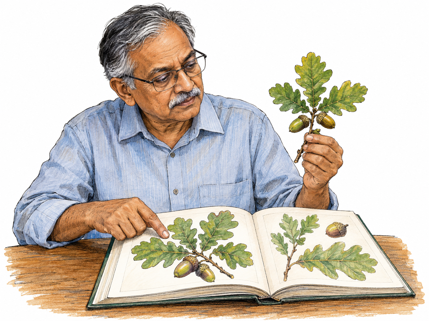 An older man uses a botanical reference book to identify an oak sprig, matching its distinctive lobed leaves and acorns to the illustrated specimen on the page.
