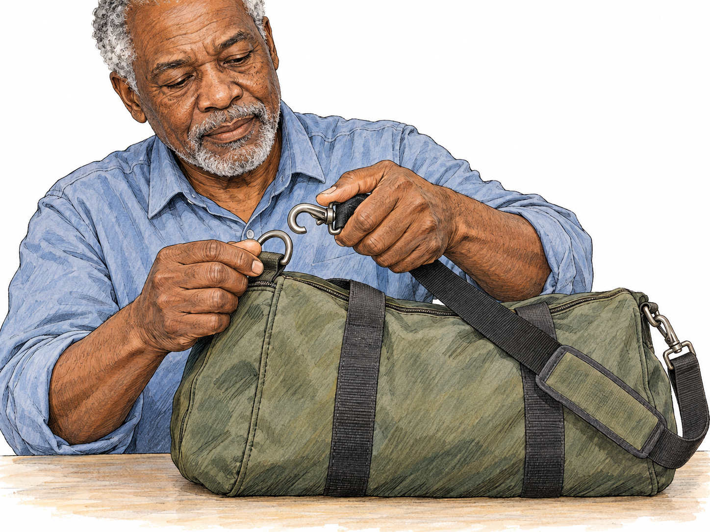 An older man detaches a shoulder strap from a duffel bag, holding its open snap hook just clear of the bag’s attachment ring while the other end remains connected.