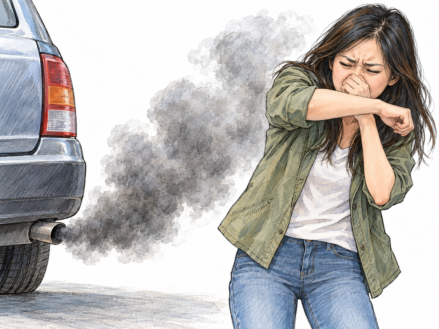 A young woman recoils and coughs as thick exhaust from an idling vehicle drifts directly into her face, making the harmful effect of polluted air visible.