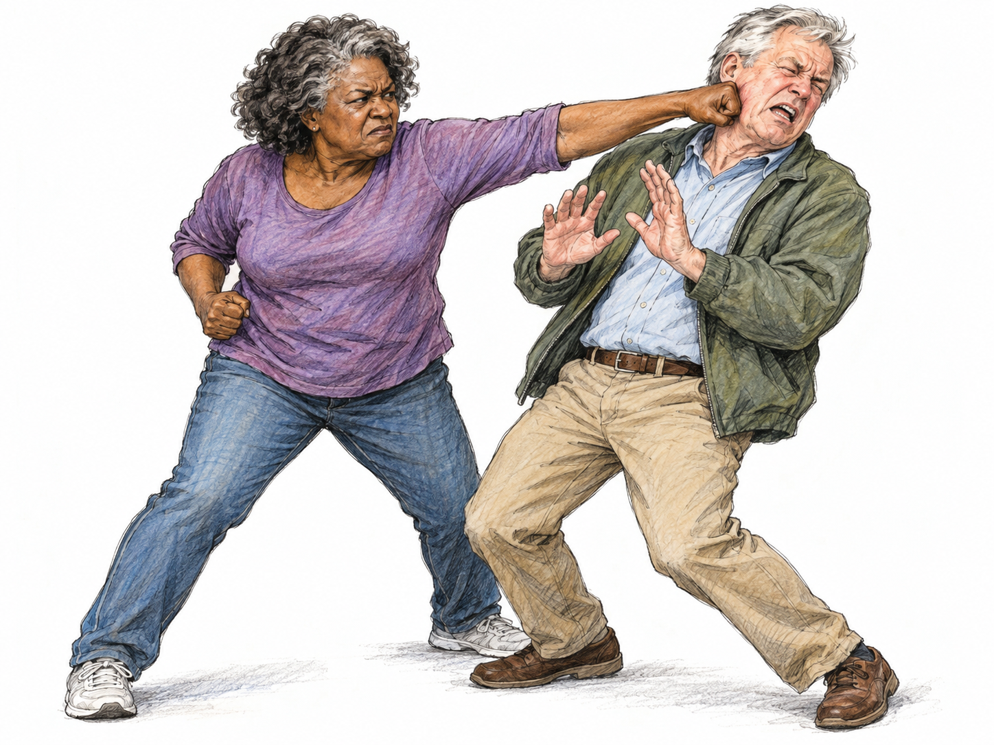 An older woman forcefully punches an older man in the face; he recoils and raises open hands defensively.