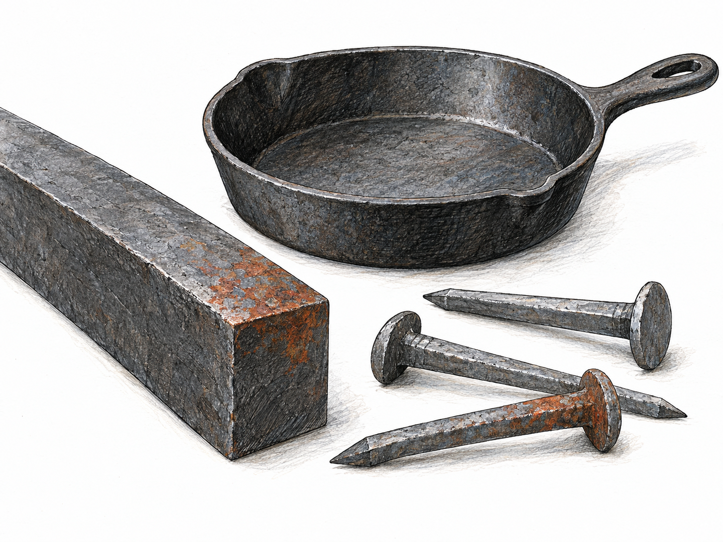 A heavy gray iron bar, a cast-iron skillet, and large iron nails show the metal as raw stock and familiar useful objects; small reddish-brown rust patches reinforce its identity.