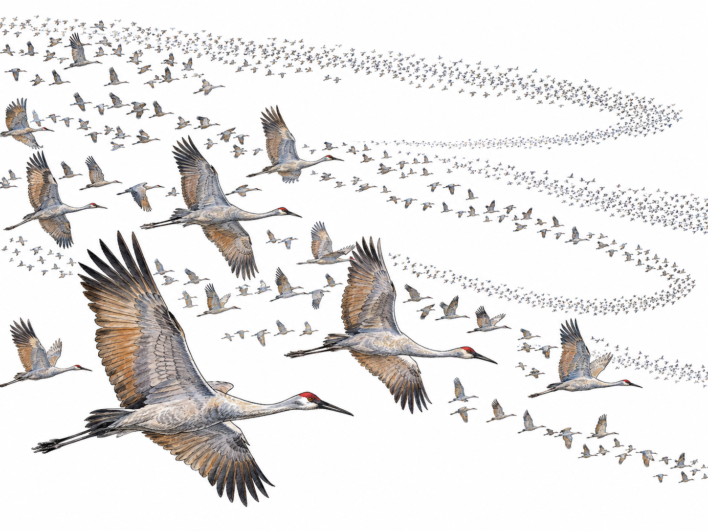 An immense, densely packed flock of birds stretches from a few distinct foreground birds into innumerable tiny silhouettes receding across the distance, illustrating the 'too great to count' branch of the frozen meaning.