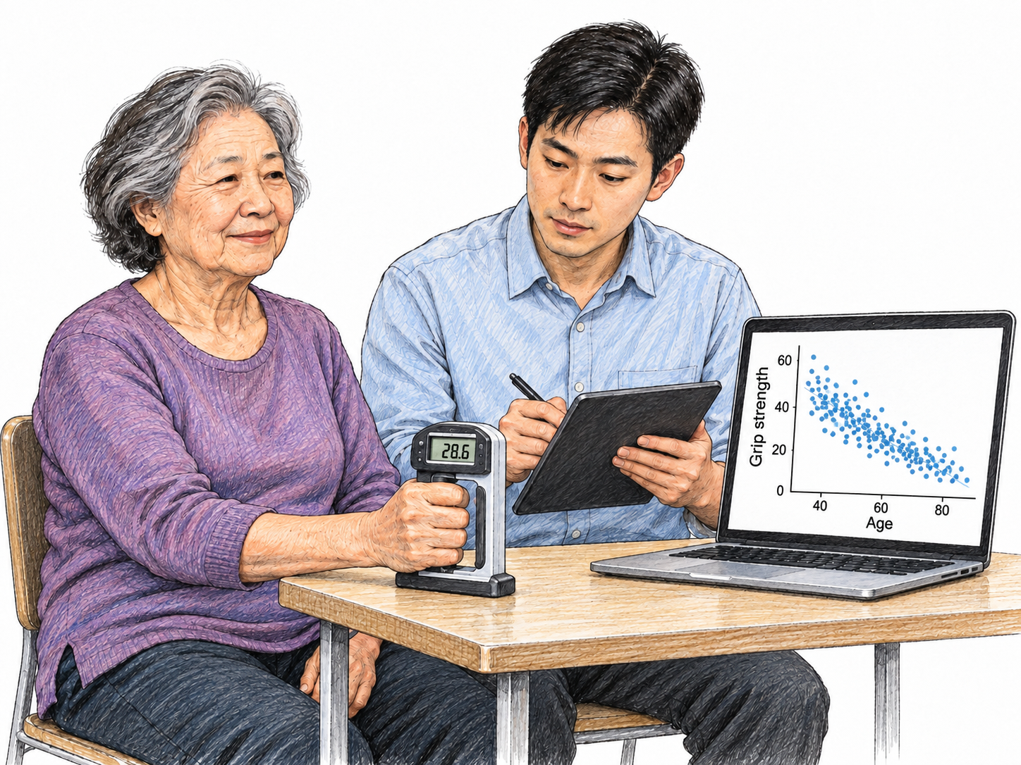 An aging researcher records an older volunteer’s grip-strength measurement beside a research display comparing grip strength across adult ages.