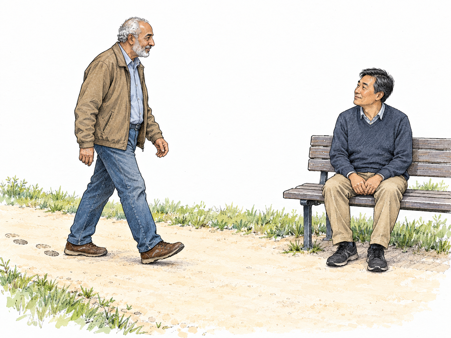 An older man walks toward a park bench, still a few steps away, where another man sits facing him.