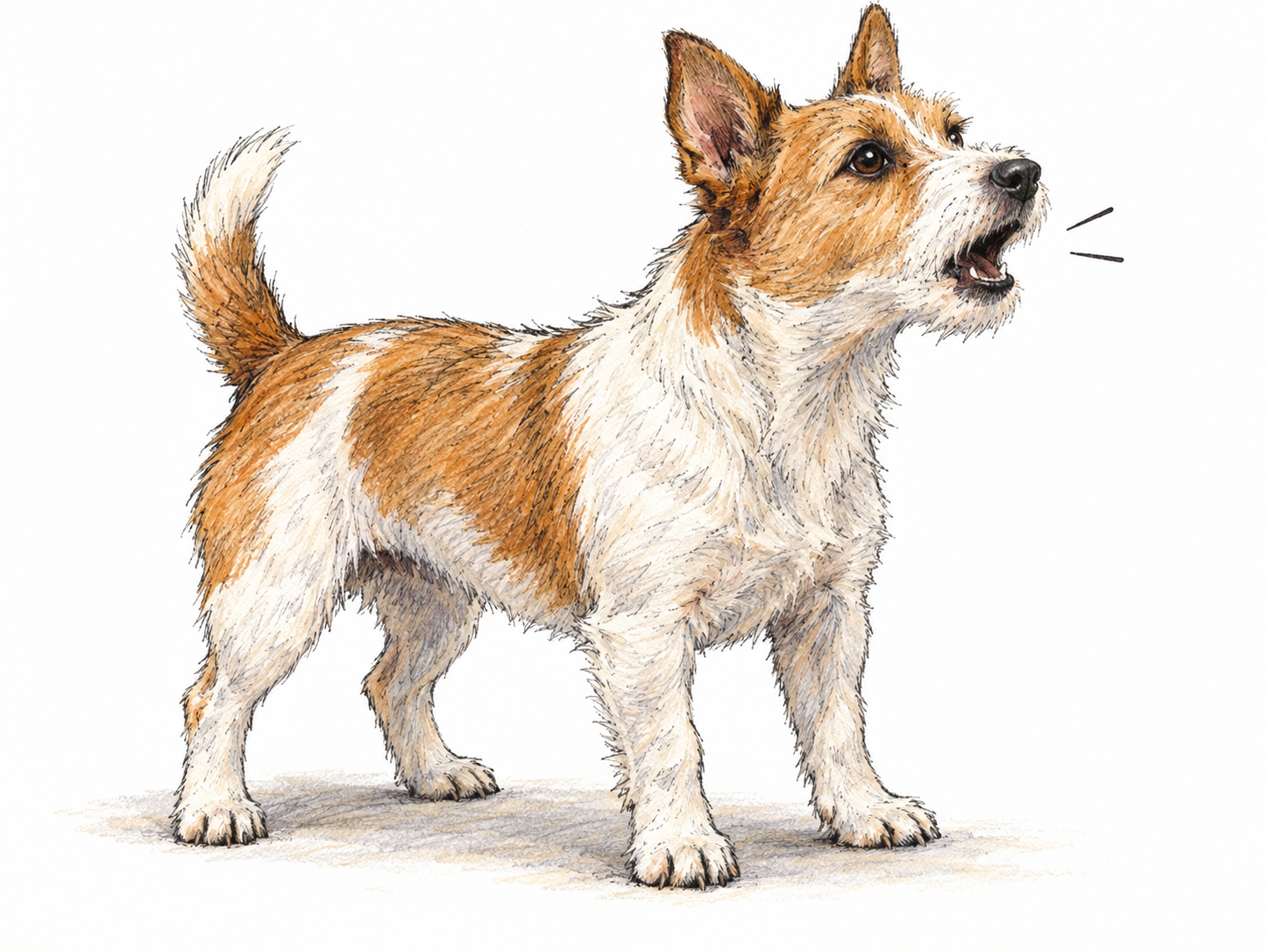 A small terrier caught giving a sharp little cry, with its muzzle raised, mouth briefly open and body alert.