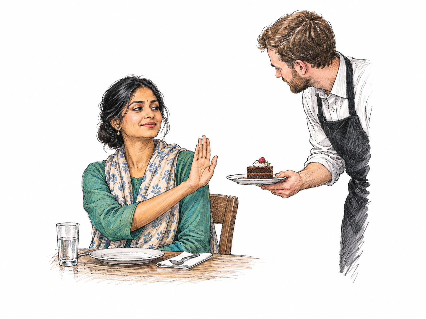 Person refuses offered extra dessert with a firm but polite raised palm, head slightly turned, clear negative response, no text or icons.
