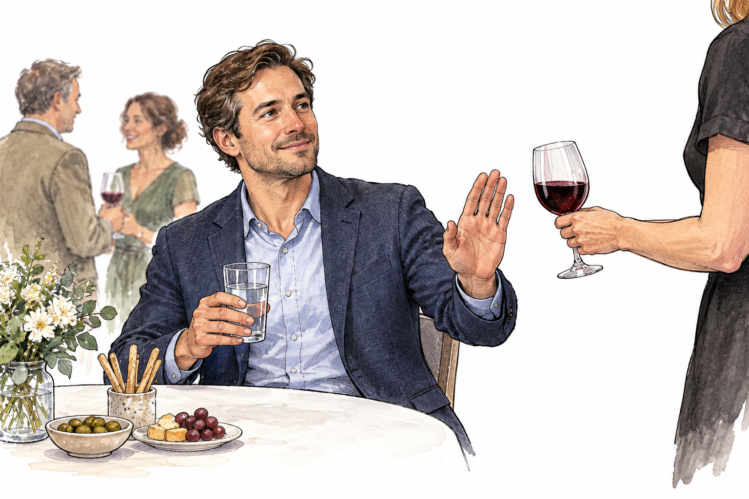 An adult sitting alert and composed with a glass of water at a social gathering where wine is being offered, discreet hand declining wine, no text.