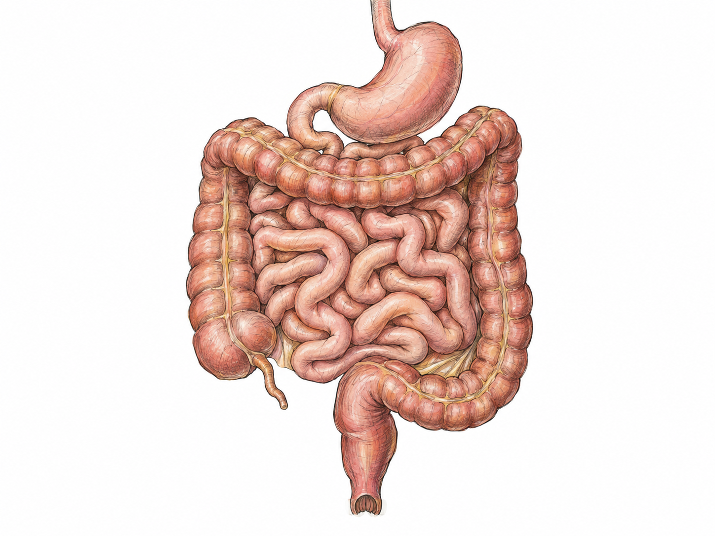 An isolated anatomical view of the human intestines: long coils of small intestine framed by the thicker large intestine, with a subdued stomach connection above and rectum and anal opening below.
