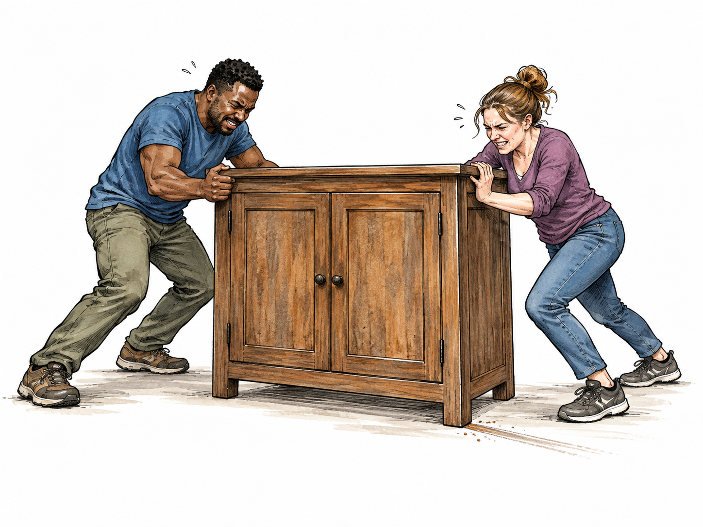 Two adults strain to move a heavy wooden cabinet, a small fresh scuff and narrow newly opened gap on the floor show it has moved only slightly.