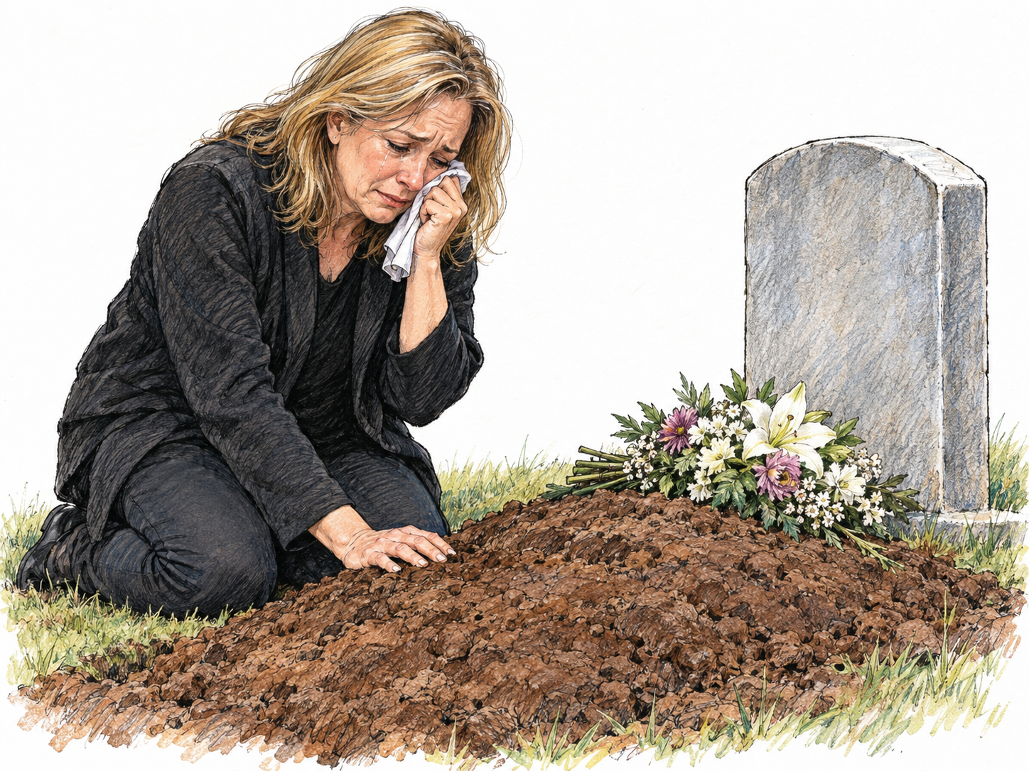 A woman weeps beside a freshly filled grave, her bowed posture and tearful face conveying profound sorrow.
