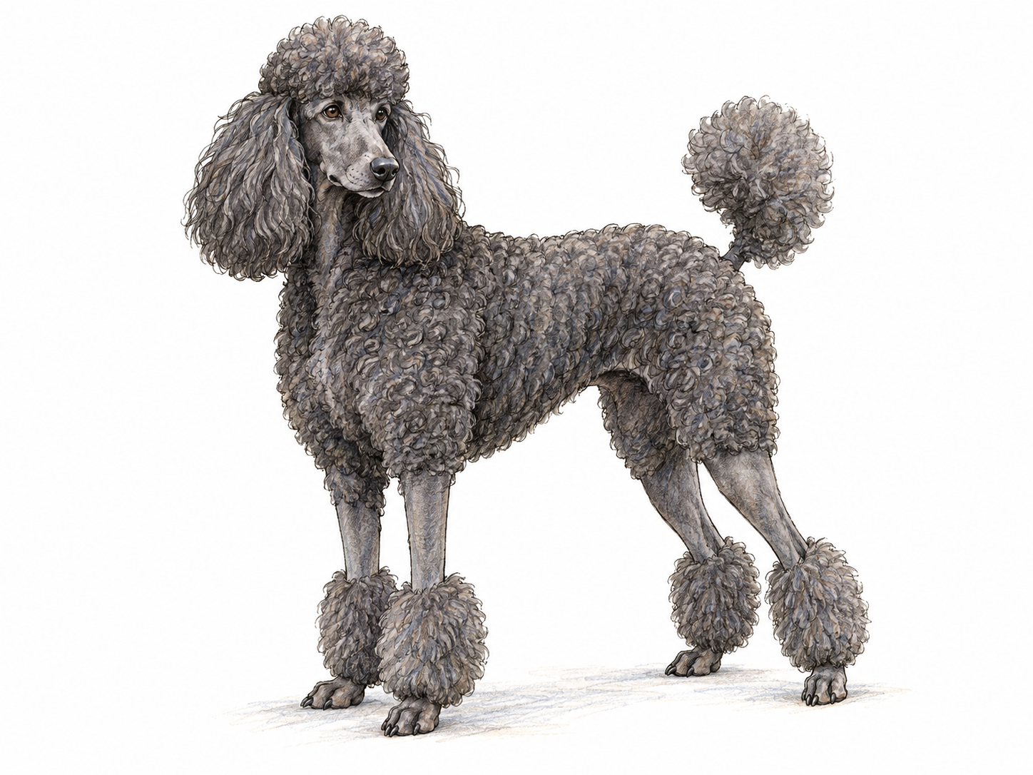 A single adult standard poodle in three-quarter side view, with a dense curly coat and recognizable decorative grooming: rounded topknot, fluffy ears, ankle cuffs, and a tail pom.