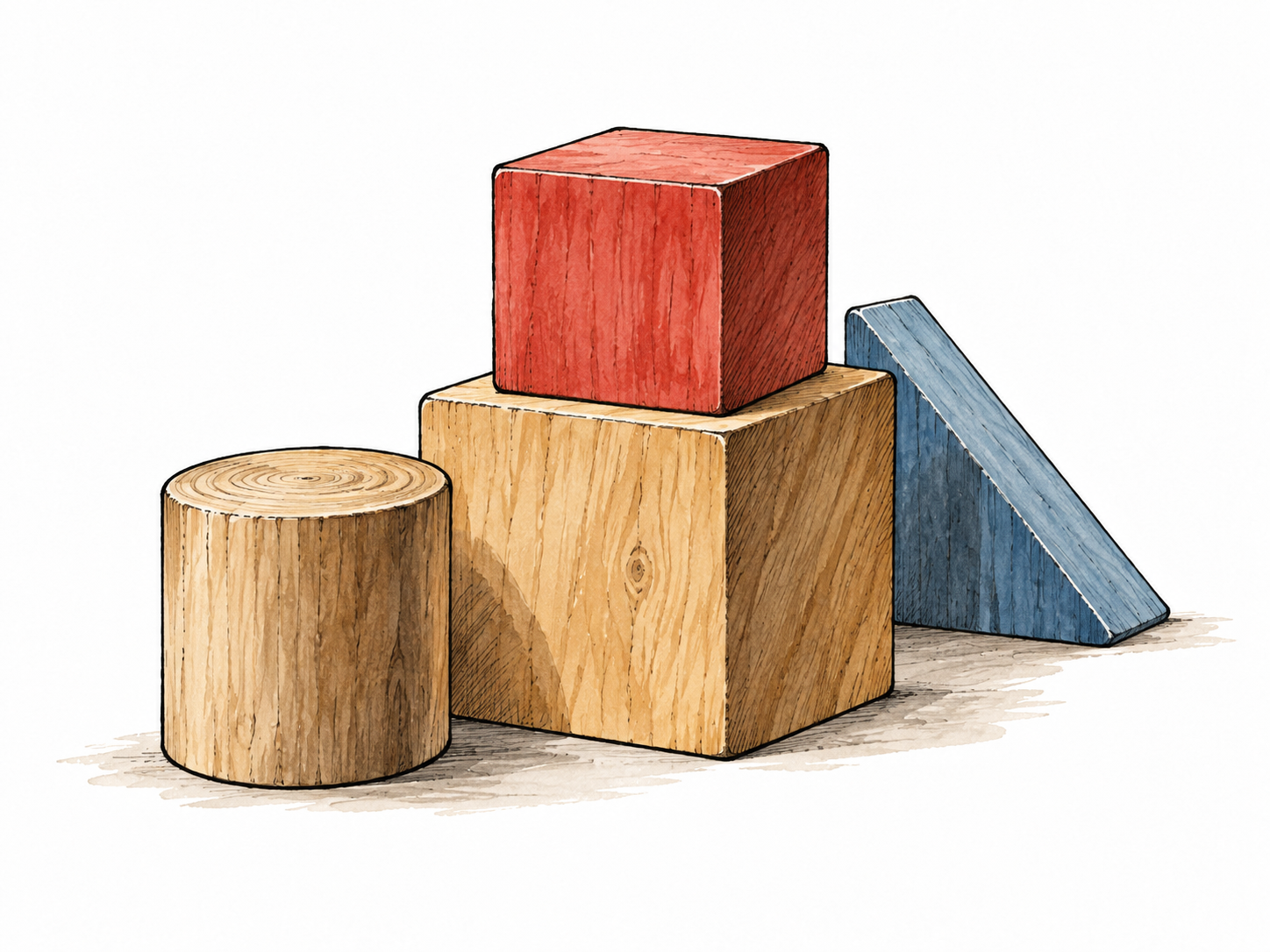 Wooden geometric blocks arranged above, beside and behind one another, clear spatial relationships.