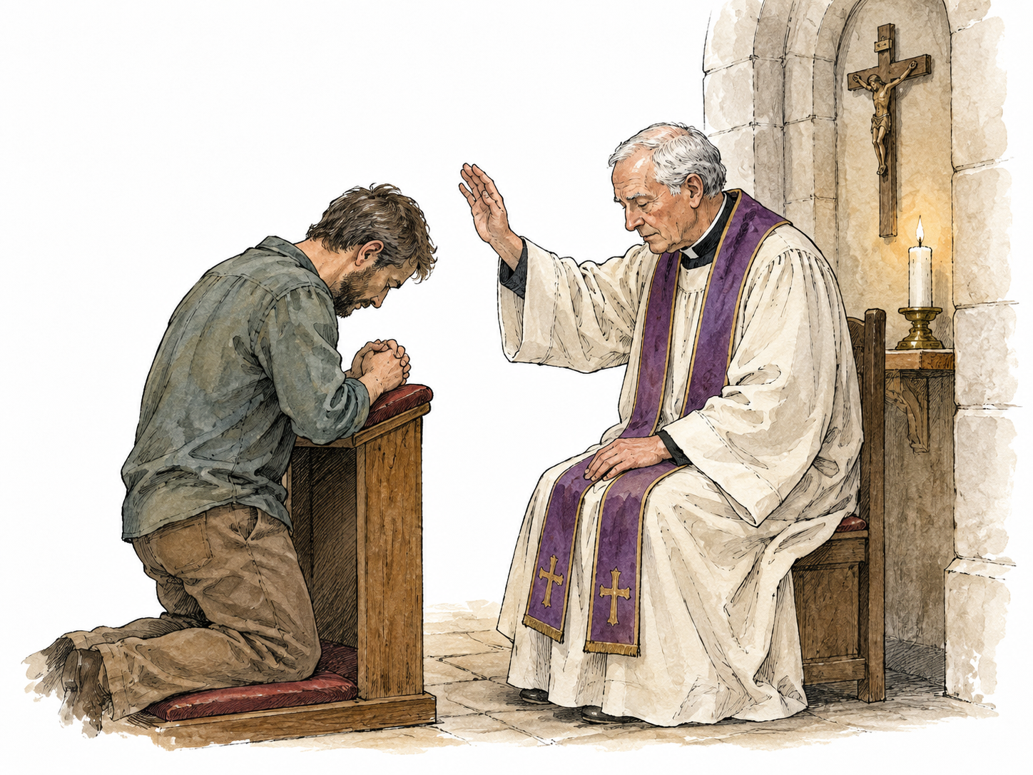 A white older priest offers a reassuring blessing to a penitent adult in a quiet church alcove.
