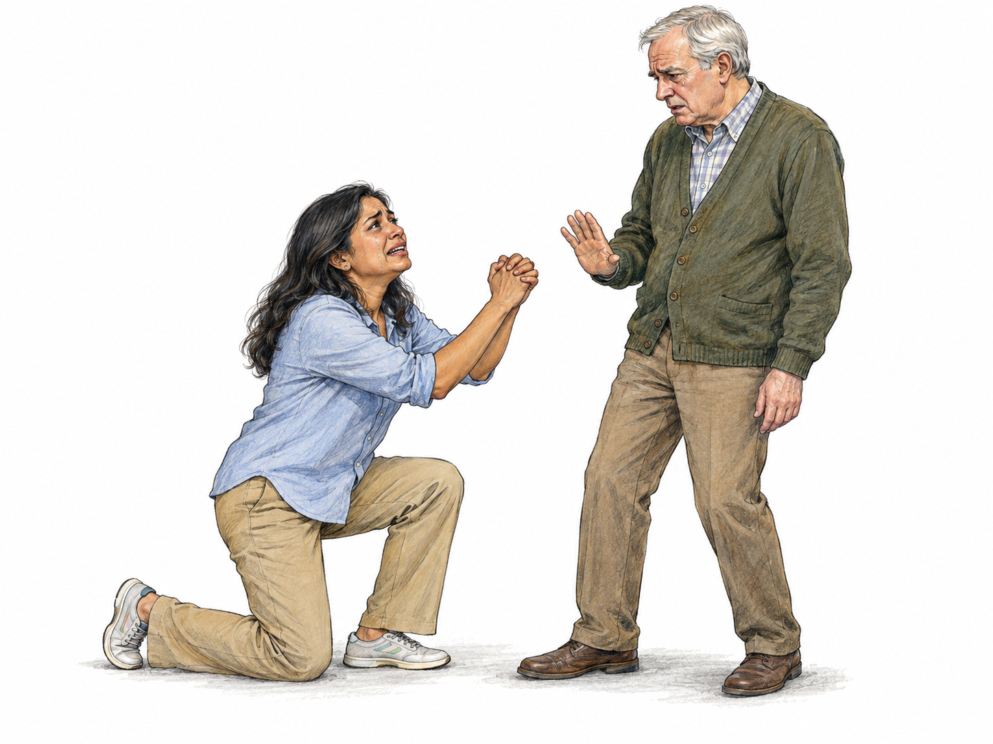 A distressed woman drops to one knee before a man, clasping her hands toward him and searching his face; his hesitant, raised palm makes her desperate appeal visibly directed at another person rather than prayer.