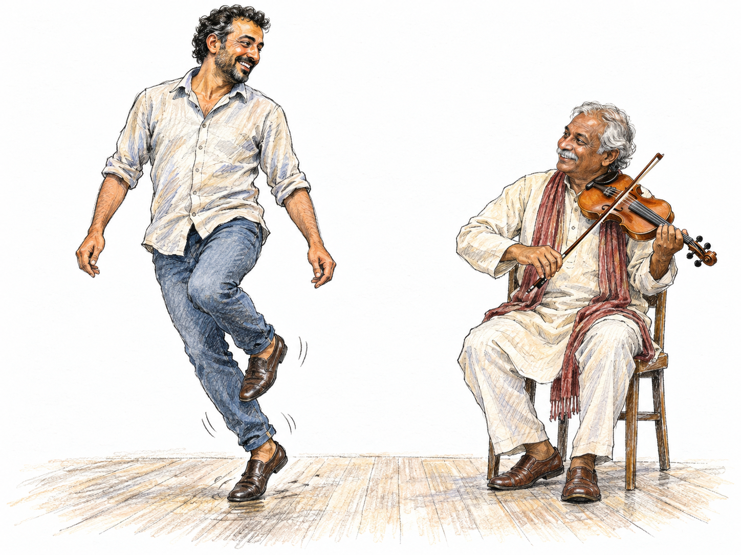 A modern dancer performs a lively jig beside a seated fiddler.