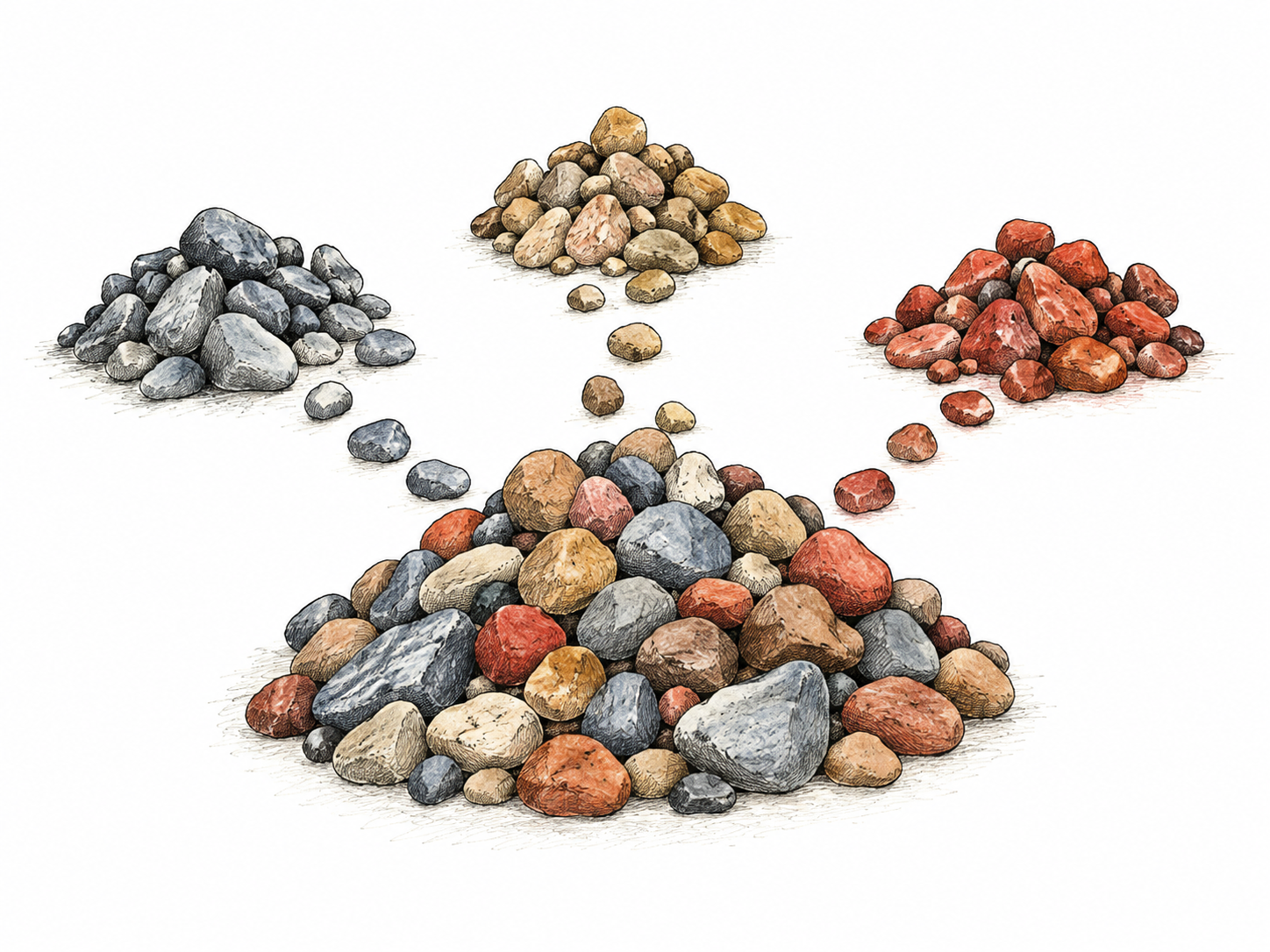 Three small separate piles of differently colored pebbles feed into one larger combined central pile, clear total formed from parts; no arrows, numbers or trays.