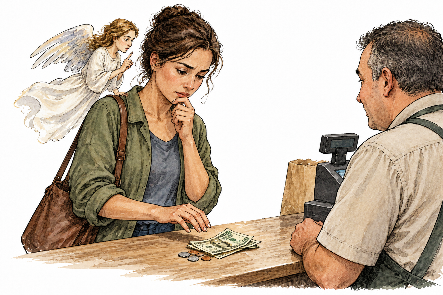 Woman hesitates before taking an unearned extra banknote mistakenly given as change, conscience visible.