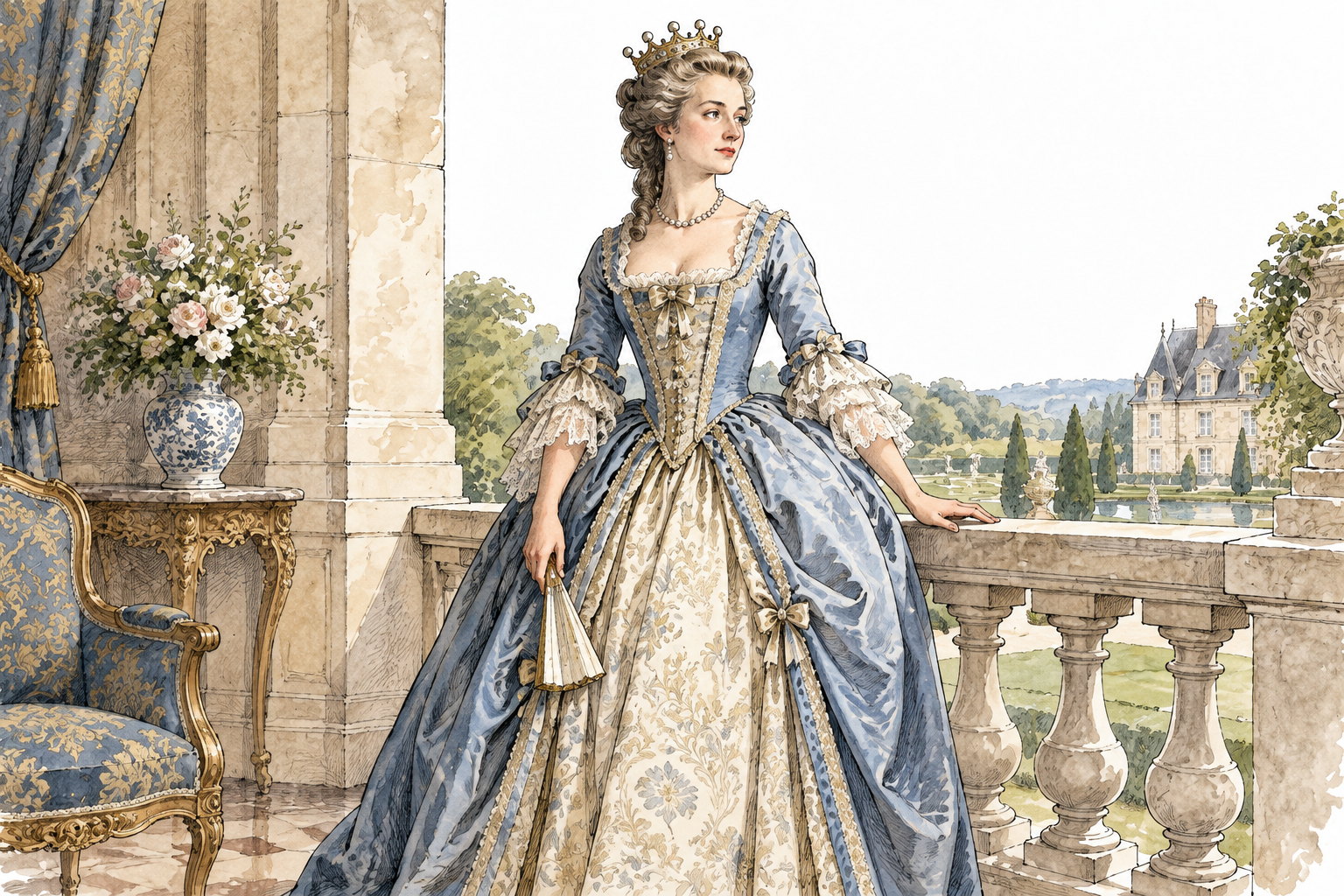 A dignified French noblewoman wears a restrained noble coronet and fine historical gown in a chateau setting, no text or heraldic slogans.