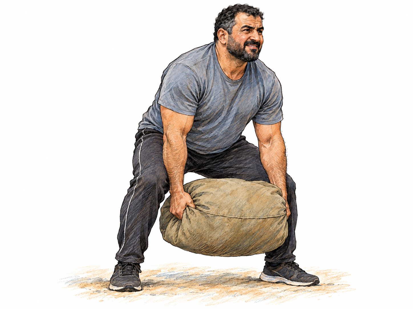 A vigorous middle-aged man lifting a heavy, unmarked sandbag from the ground, conveying masculine strength and energy through a concrete physical action.