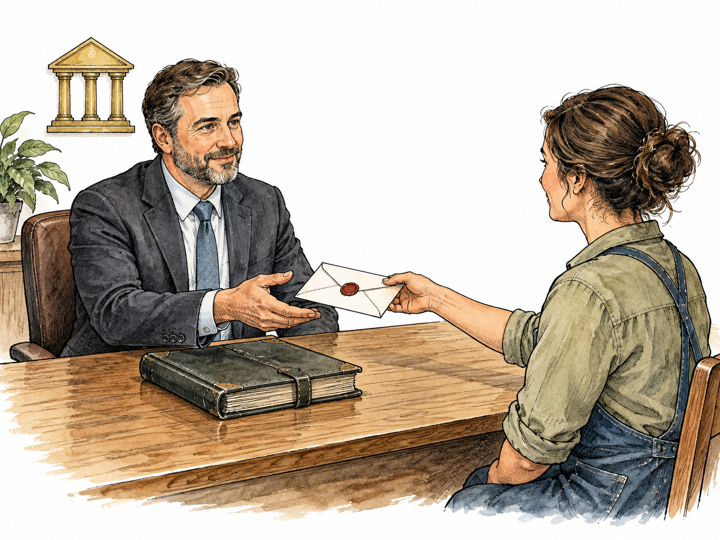 A small-business lender sits opposite a borrower who returns a sealed payment envelope, loan ledger closed and no readable numbers.