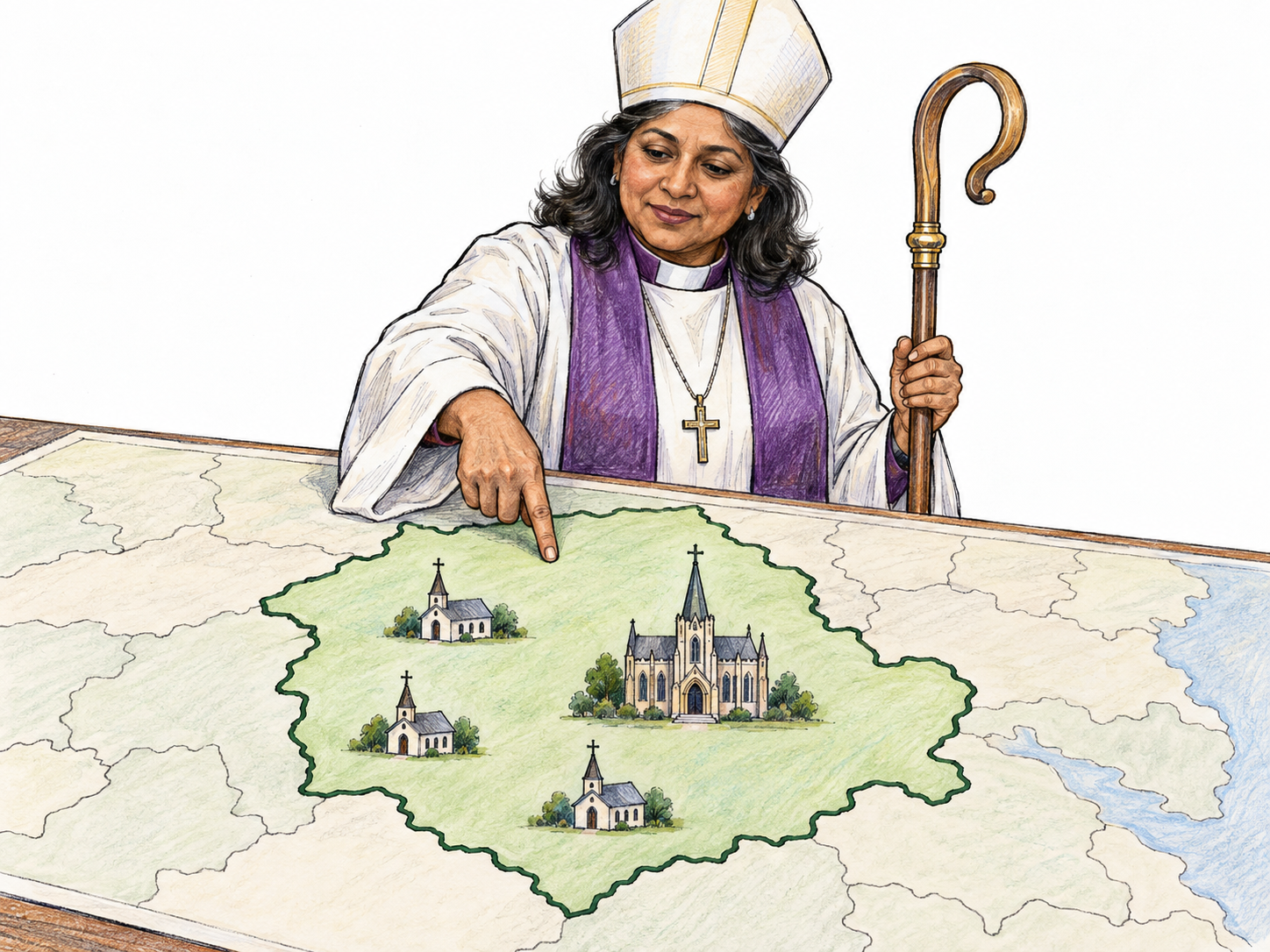 A bishop points to a clearly bounded district on a large tabletop map containing several parish churches and one larger cathedral, making the relationship between a bishop and a church district visible.