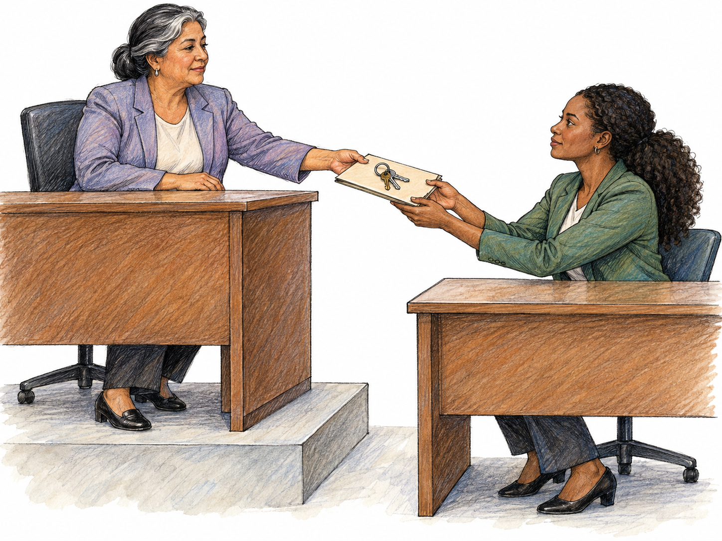 An older central-office administrator transfers responsibility to a younger local-office manager by handing her a ring of office keys and a plain responsibility folder across two descending administrative desk levels.