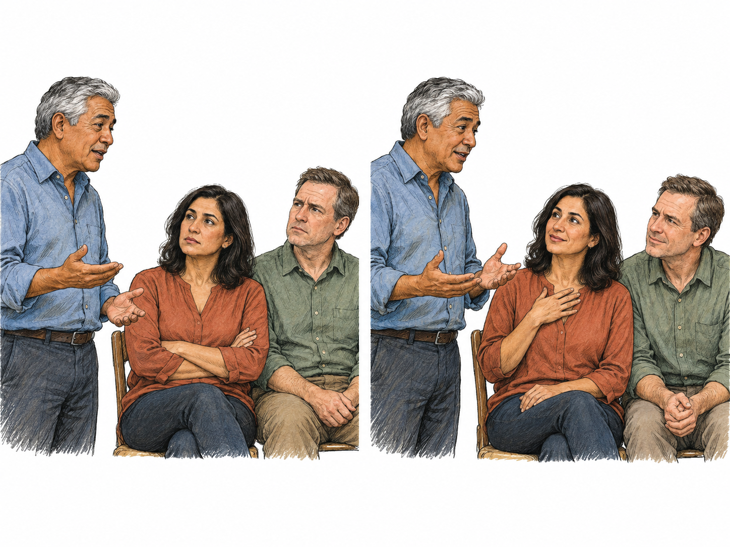 An accomplished speaker wins over a small audience through composed, expressive delivery; a compact two-moment sequence makes the listeners' change from reserve to engaged agreement visible.
