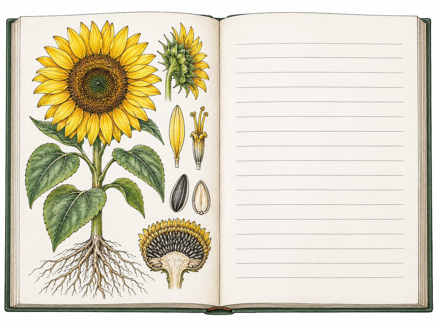 Open book has a large carefully drawn botanical illustration of sunflower opposite blank ruled text-placeholder lines without writing; image clearly decorates and explains plant shown beside book.