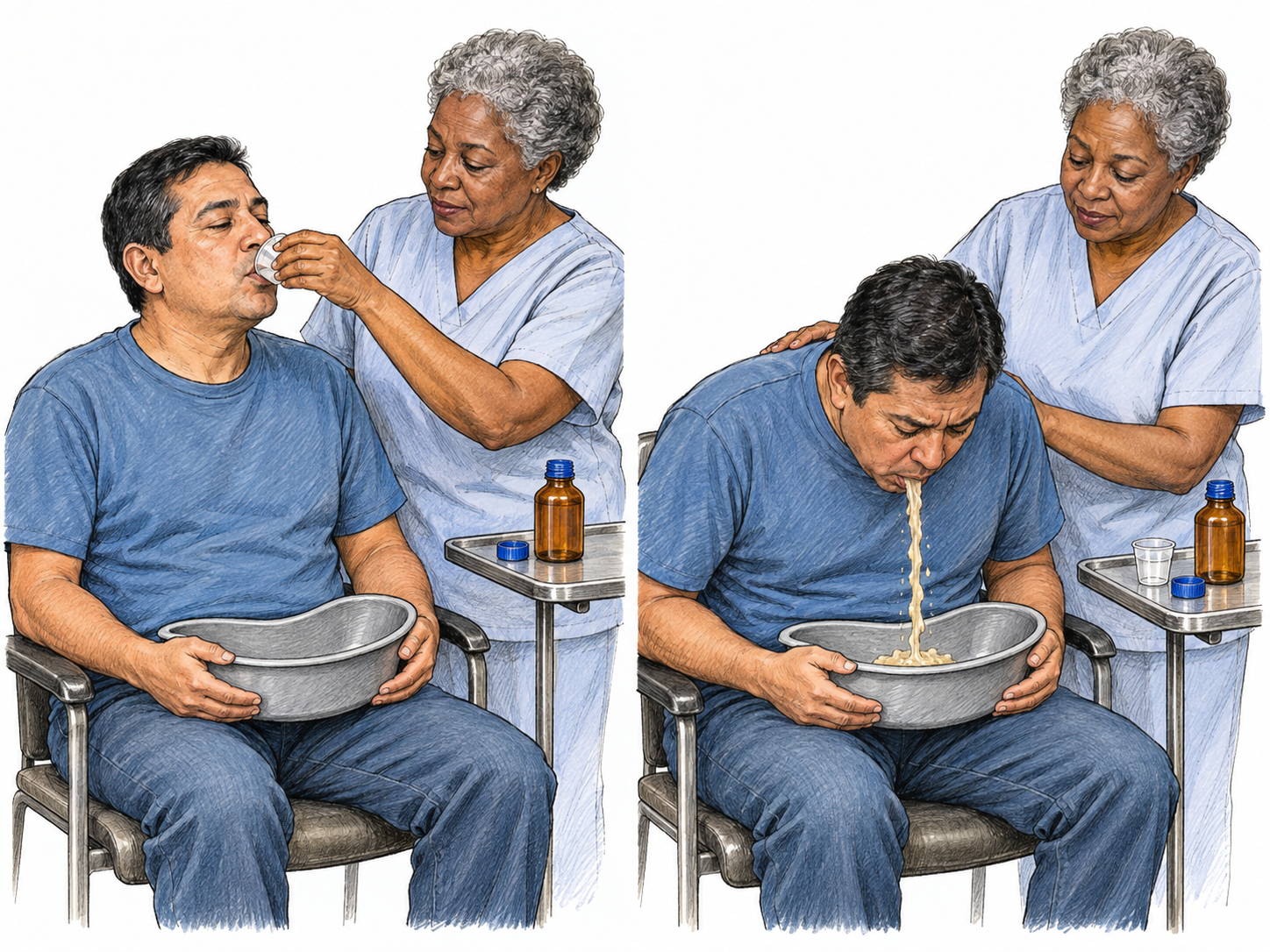 A compact two-stage clinical sequence centers the same medicine bottle: a clinician administers a liquid while a basin is already positioned, then the patient vomits into that basin as the clinician calmly supports him.