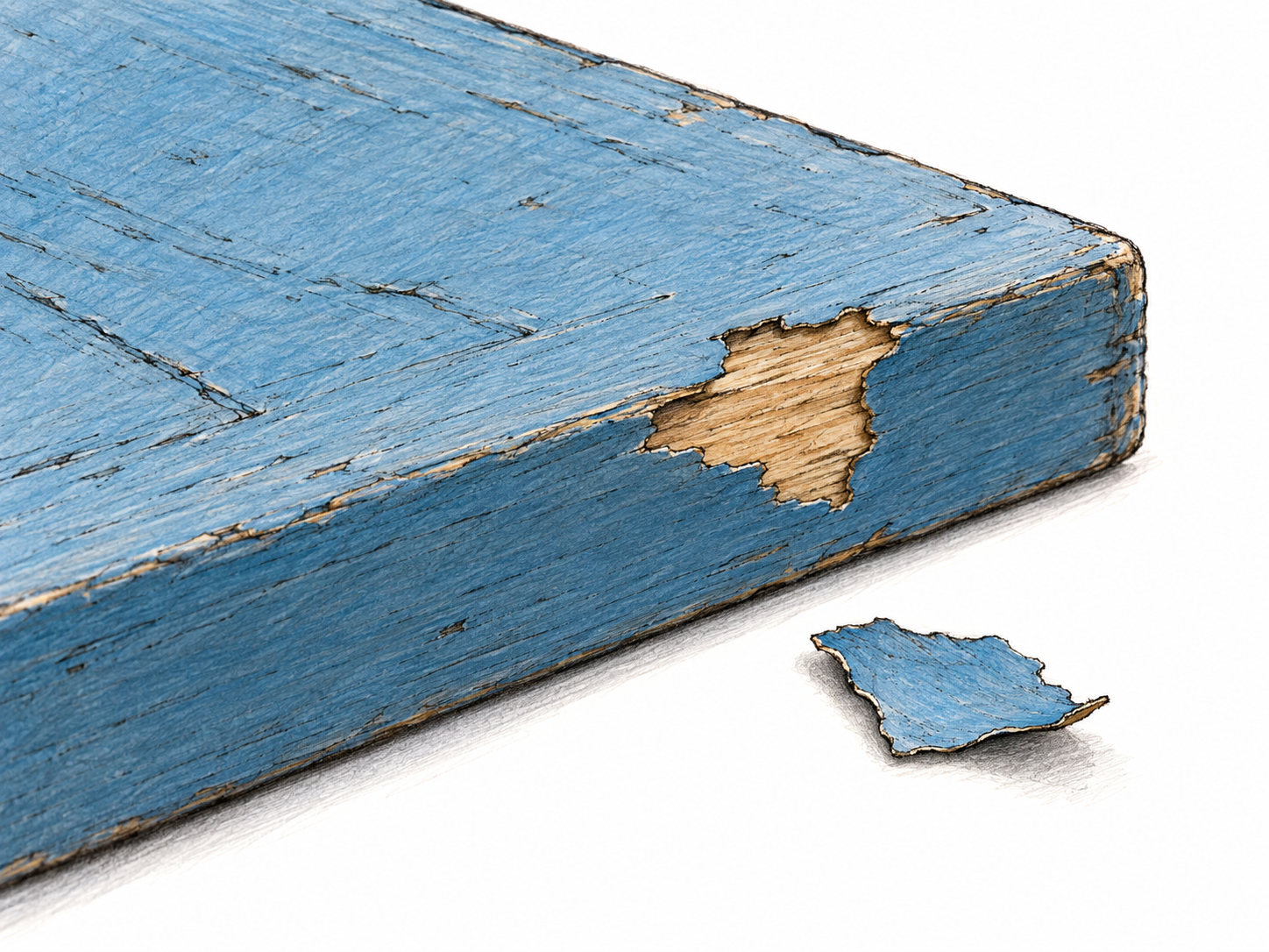 A close-up of a painted wooden surface with one small, thin paint flake lying beside the matching freshly exposed patch.