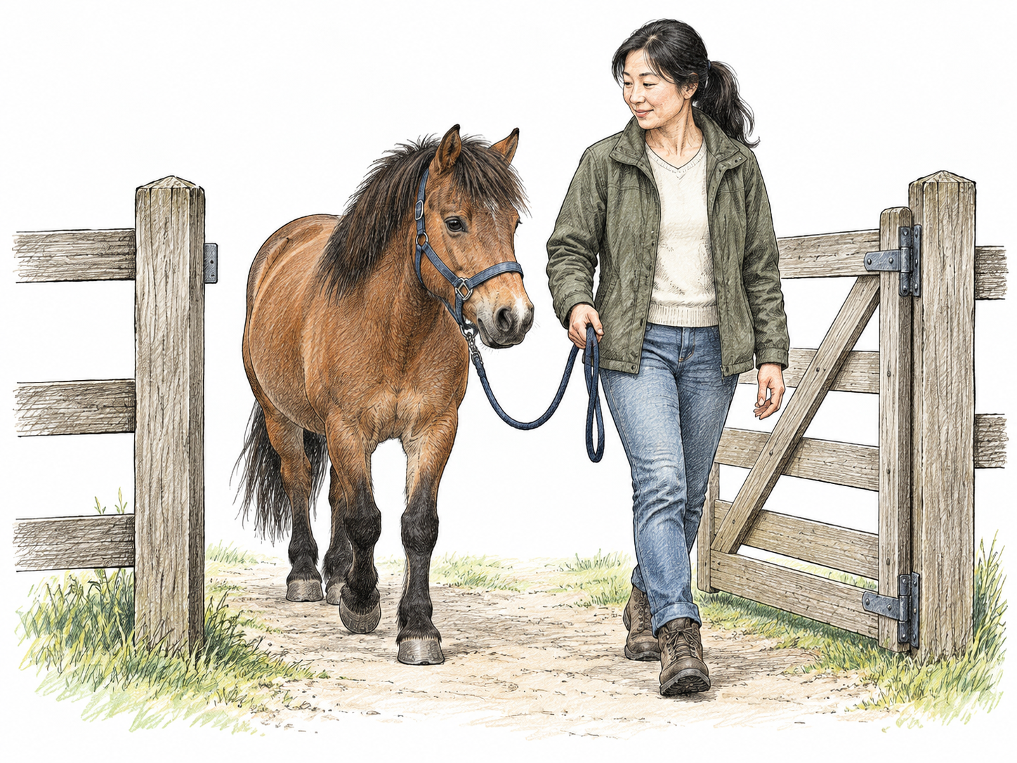A calm pony allows its handler to guide it through a low open gate with a loose lead, attentive ears and relaxed posture, no pulling or punishment.