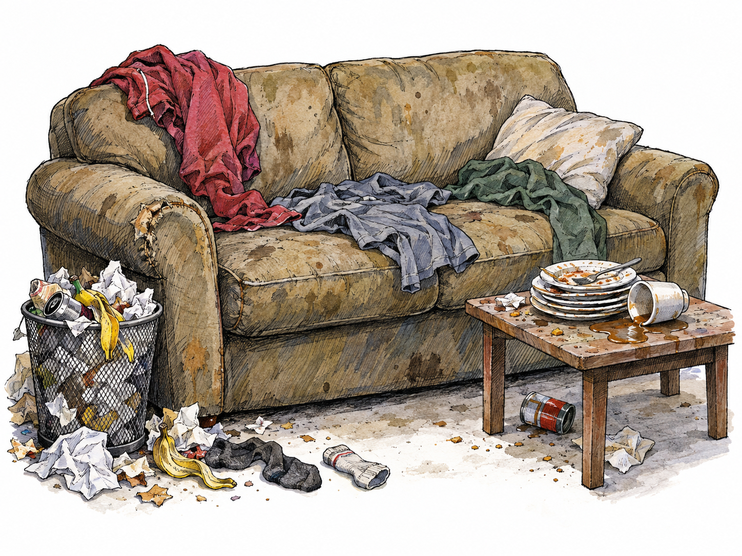 A visibly filthy, chaotic human living space: a stained sofa surrounded by discarded clothing, greasy dishes, food scraps and an overflowing wastebasket.