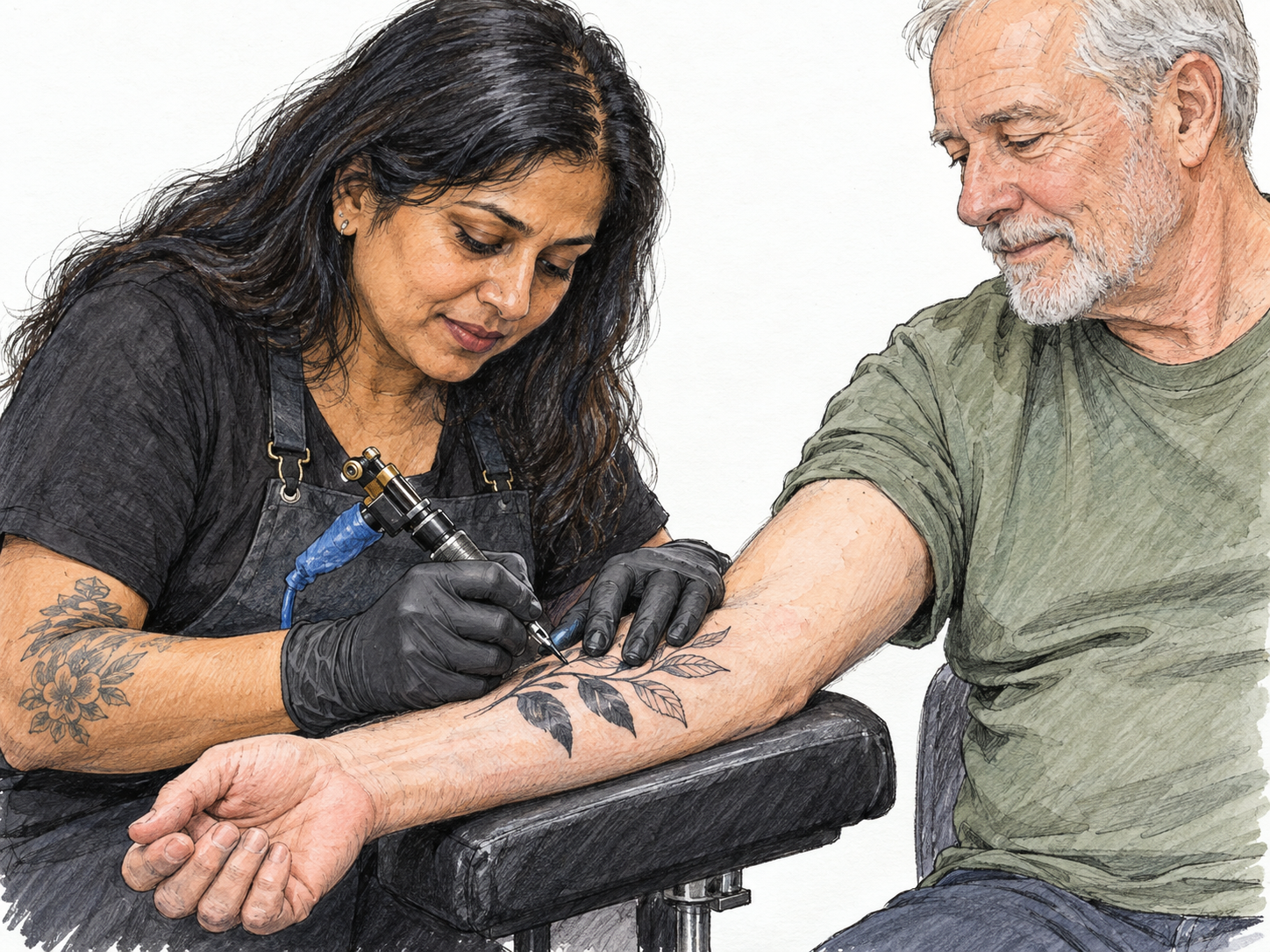 Close-up of a tattoo artist using a tattoo machine to add ink to a botanical design on a client's forearm, making the skin design and needle-based process visible together.