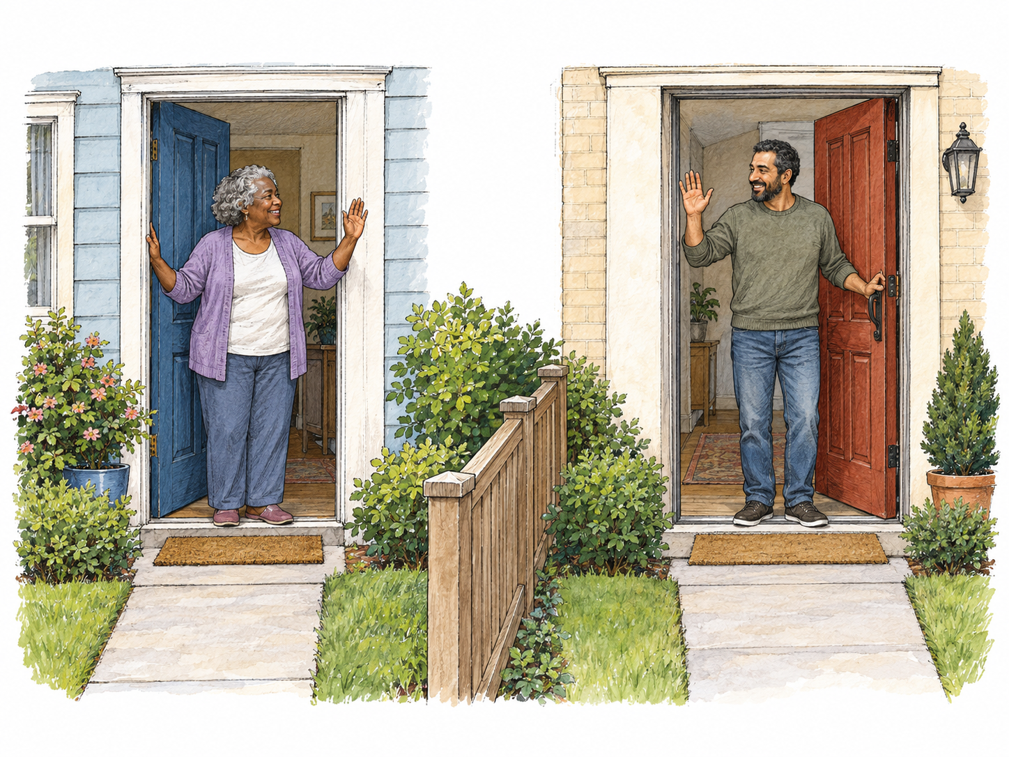 Two residents wave to each other from the open front doorways of their separate, immediately adjacent homes.